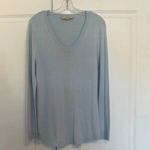 Loft Luxe Knit Shirttail Sweater Size Large Light Blue Scoopneck Rounded Hem